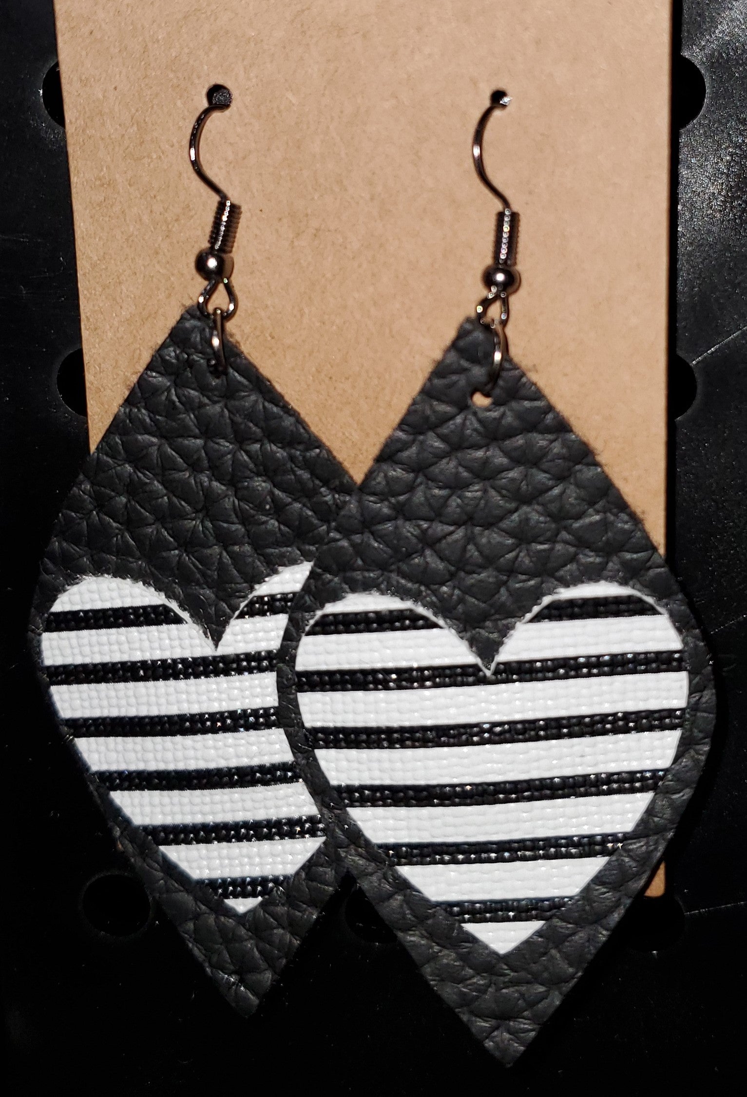 Black with Black & White Stripe Hearts Earrings