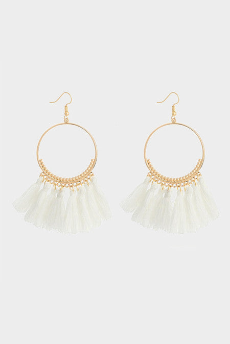 White Bohemian Tassel circle earrings