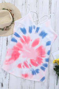 Pink Tie Dye Strappy Crossed Neckline Tank Top